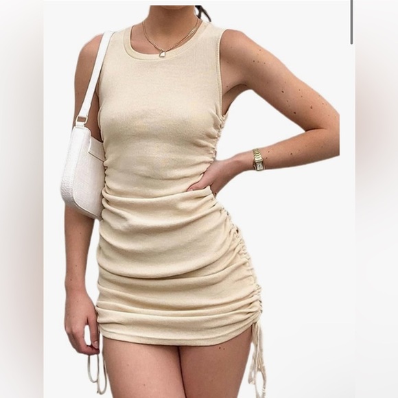 Cream Sleeveless Bodycon Ruched Dress - Picture 3 of 7